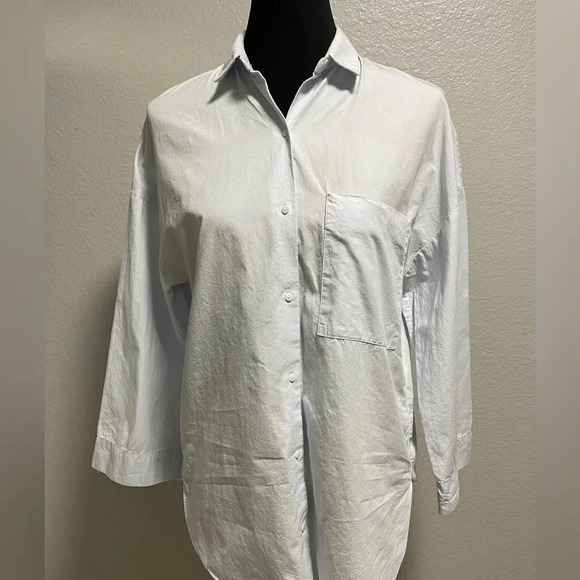 Zara Quarter Sleeve Light Powder Blue Button Down  Top SMALL - Picture 1 of 5
